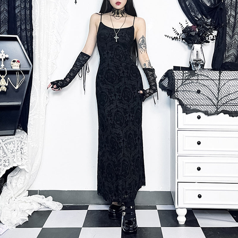 Gothic Femboy in Gothic Black Cross Print Sleeveless Maxi Dress - Femboy Fashion