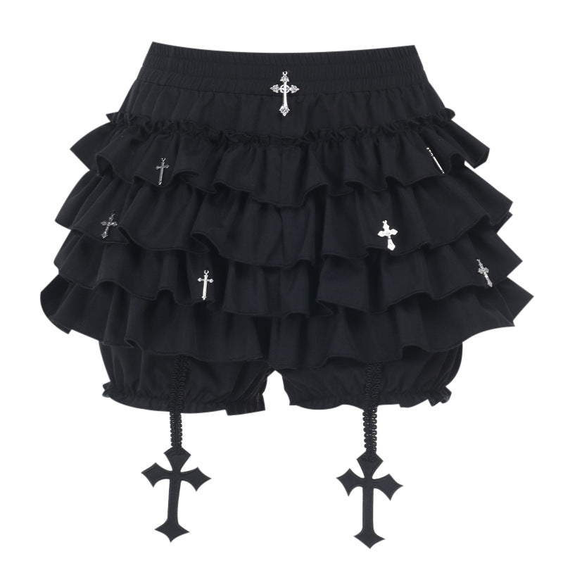 Gothic black multi layered skirt with crosses front