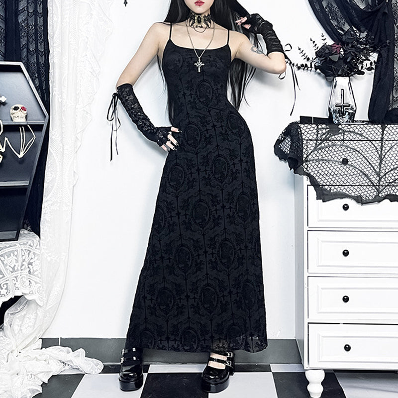 Gothic Black Cross Print Sleeveless Maxi Dress for Femboy - Femboy Fashion