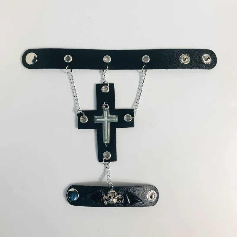 Black gothic cross skull ring chain bracelet