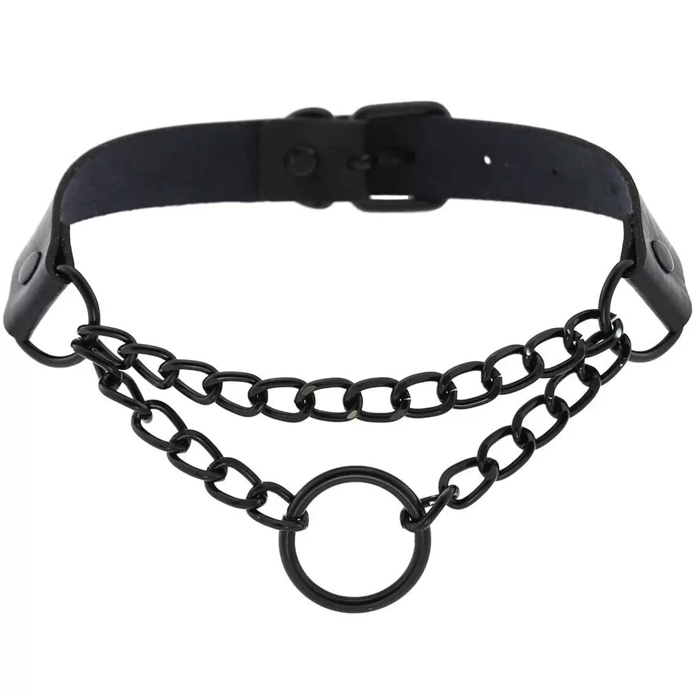Black gothic leather choker with round chain