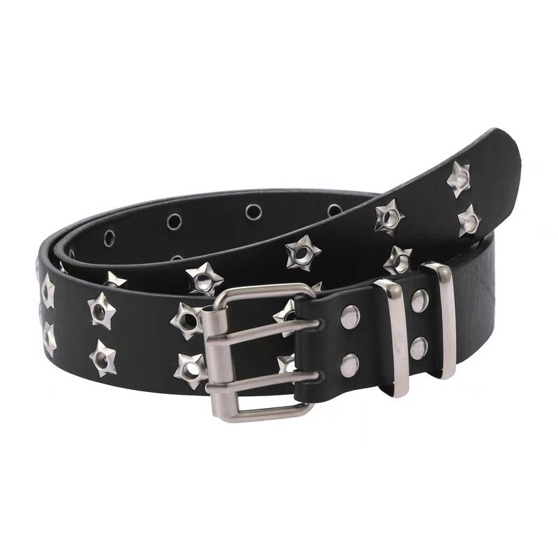 Black leather belt with silver star-shaped studs on a white background