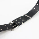 Black leather belt with silver hardware on a white background