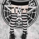 Gray And Black Striped Thigh High Socks With Black Garters