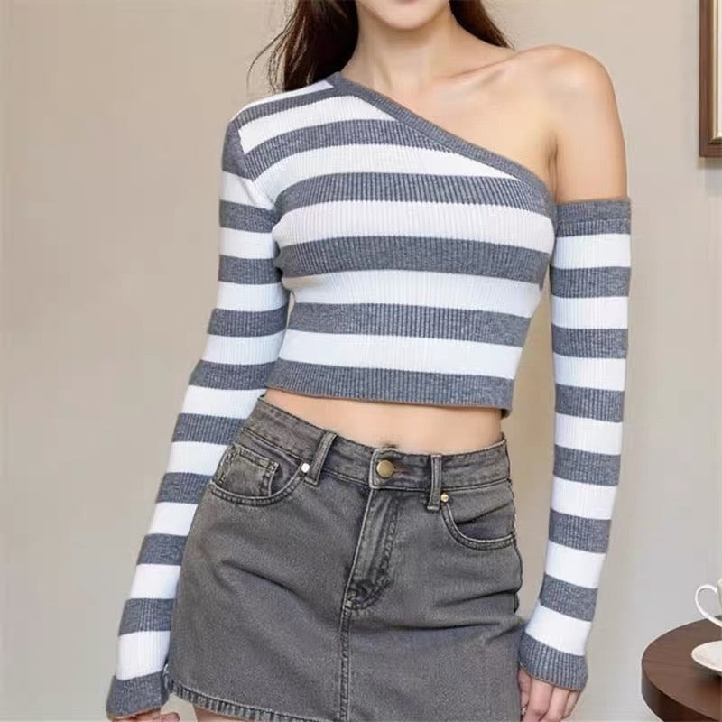 Gray And White Striped T-Shirt Long Sleeve - Femboy Fashion