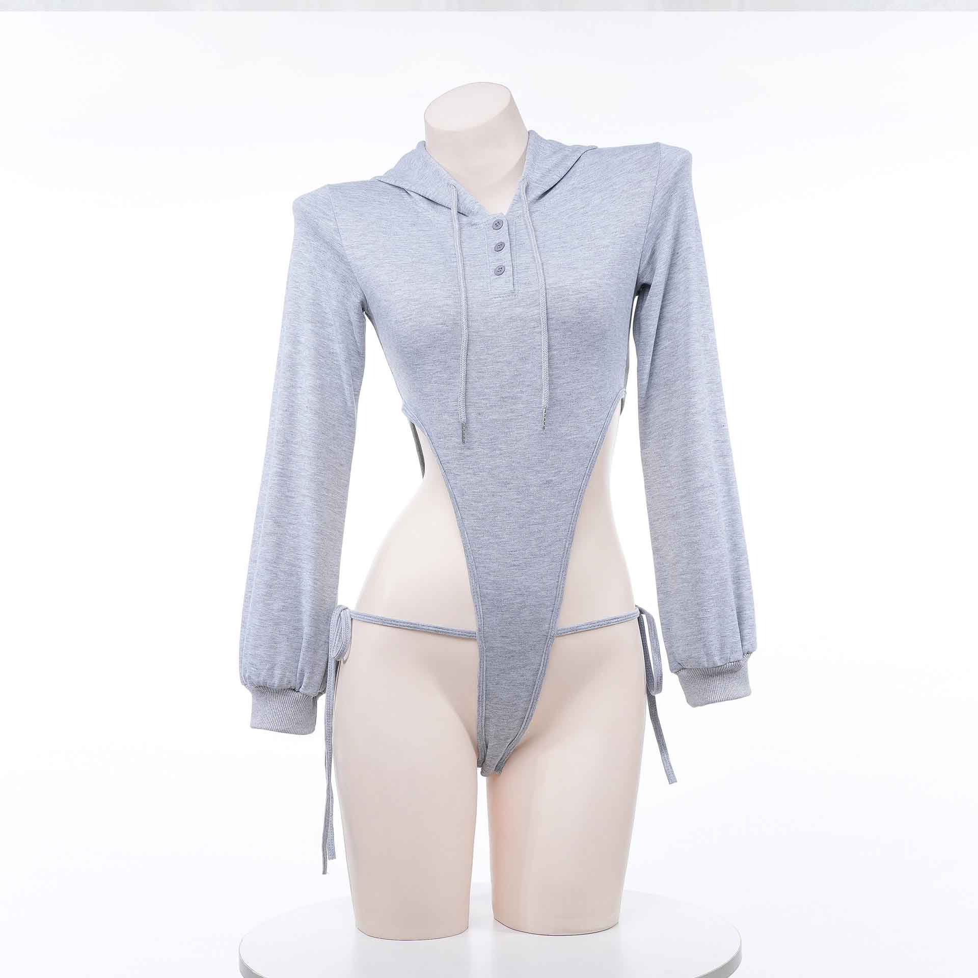 Gray High Cut Bodysuit Hoodie - Femboy Fashion