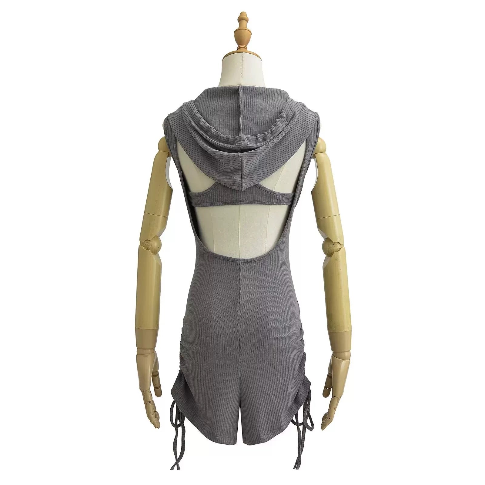 Gray knit romper on a mannequin with a white background