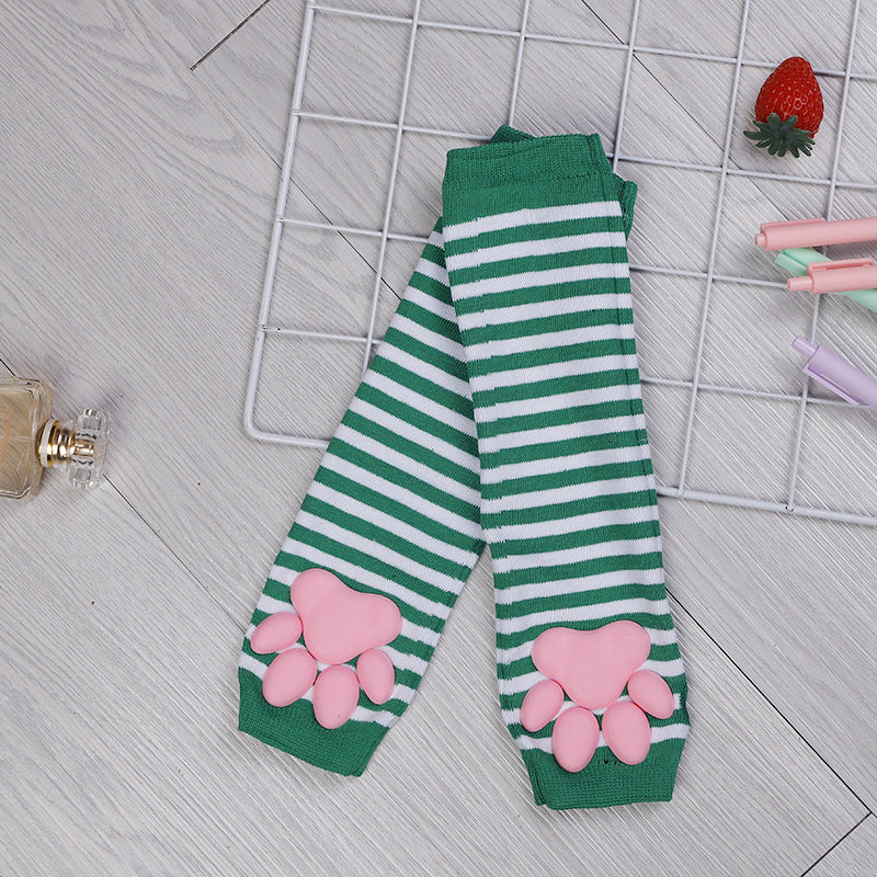 Green And White Striped 3d Cat Paw Fingerless Gloves - Femboy Fashion