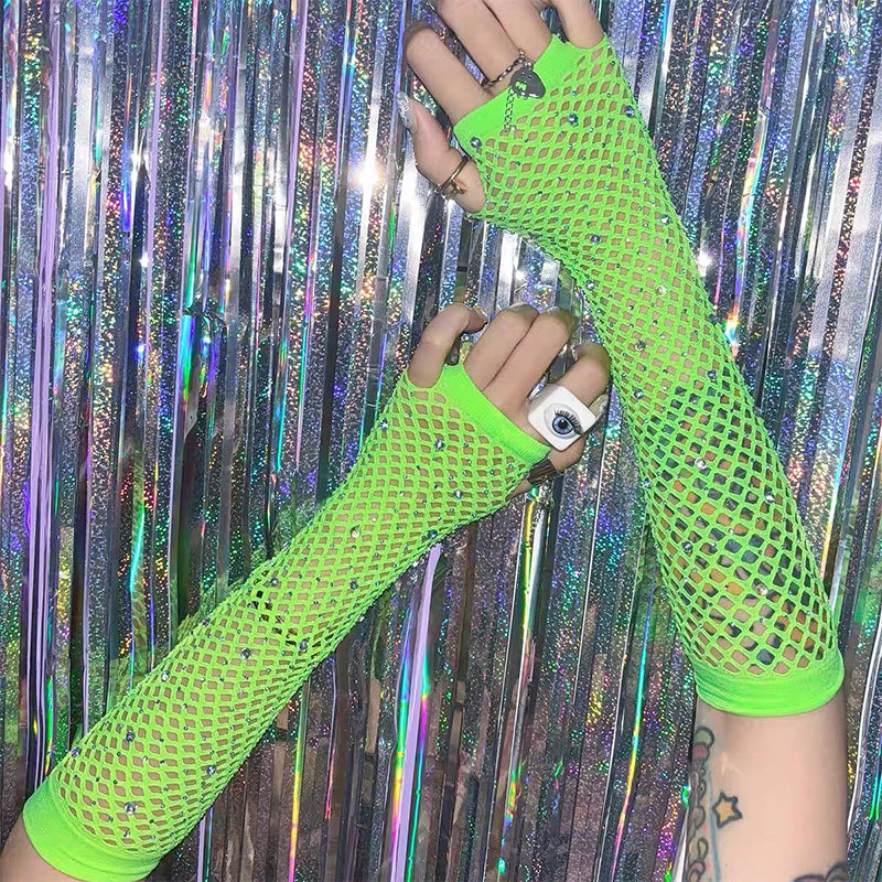 Green Fishnet Gloves With Rhinestones - Femboy Fashion