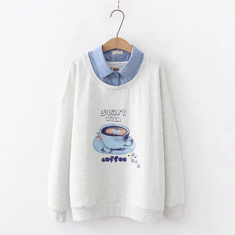Grey Cute Coffee Printed Sweatshirts - Femboy Fashion
