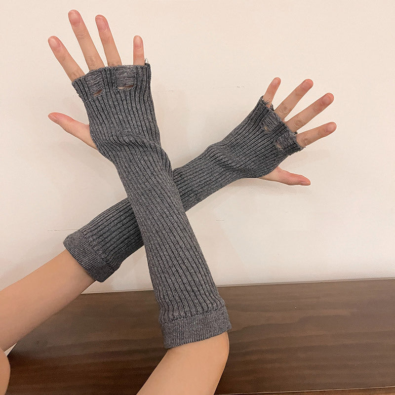 Femboy Grey Fingerless Knit Gloves - Femboy Fashion
