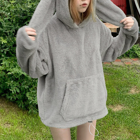 Oversized Grey hoodie With Bunny Ears - Femboy Fashion