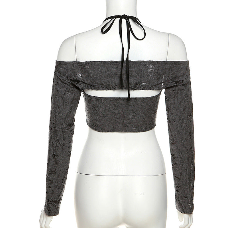 Grey Long Sleeve Off Shoulder Crop Top - Femboy Fashion