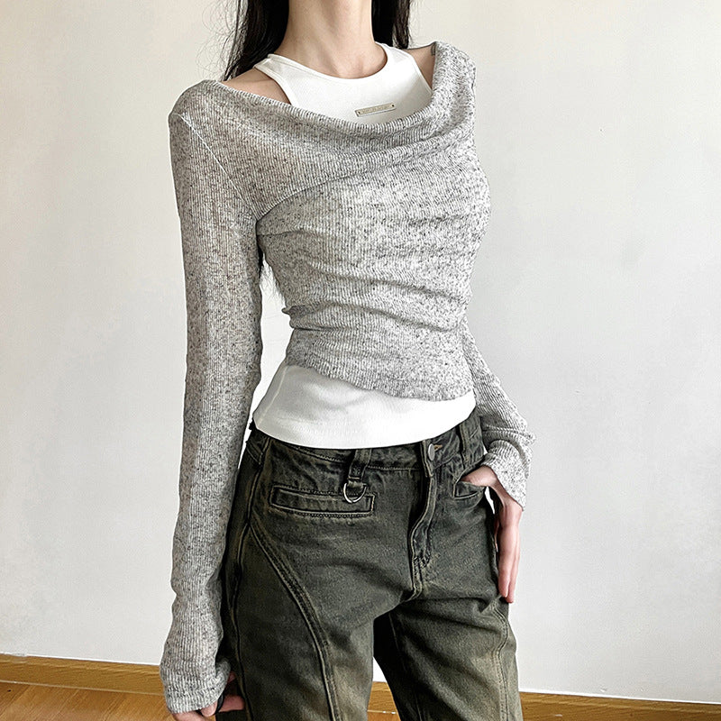 Grey Long Sleeve Two Piece Set Top - Femboy Fashion