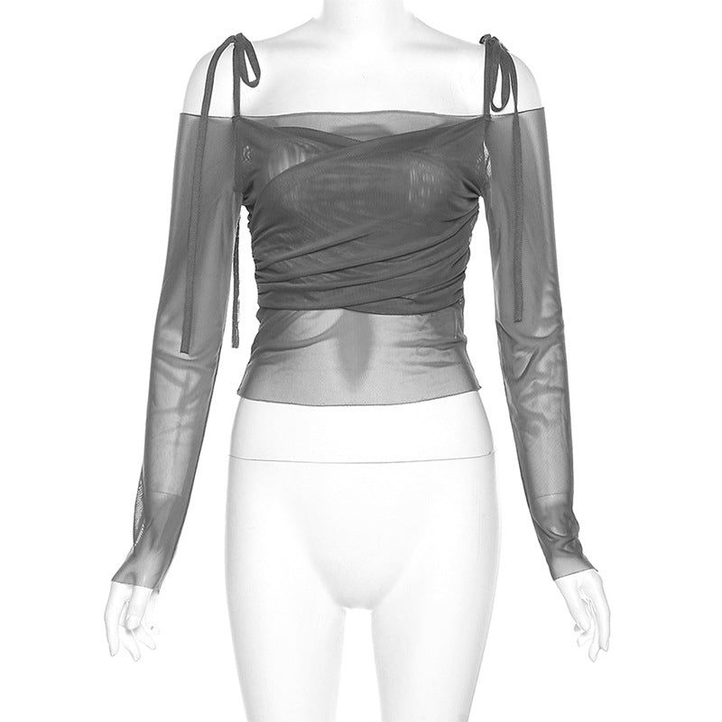 Grey Off Shoulder Long Sleeve Top - Femboy Fashion