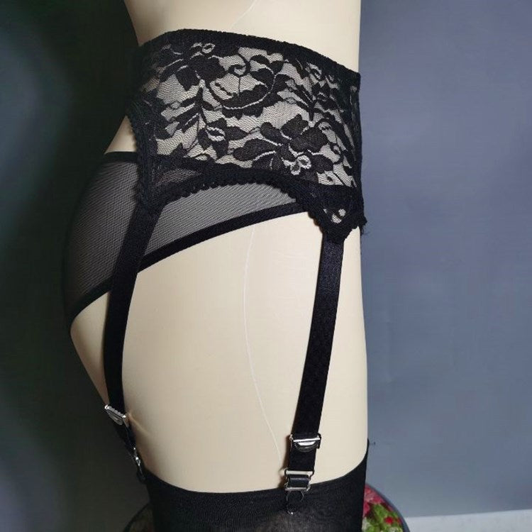 Sexy Black High Waist Floral Lace 6 Strap Garter Belt - Femboy Fashion