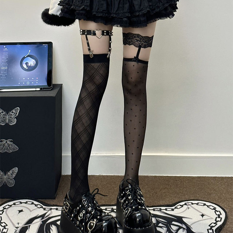 Irregular Black Stockings With Heart Garters - Femboy Fashion