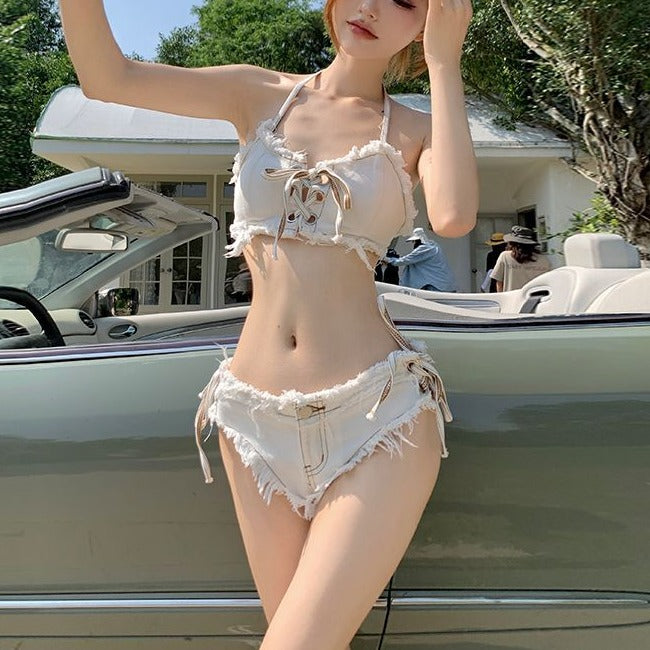 White Jean Bikini Set for Femboy - Femboy Fashion