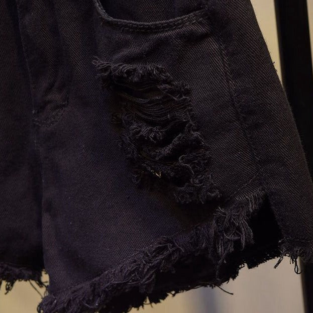 Black Jean Ripped Shorts Detail - Femboy Fashion