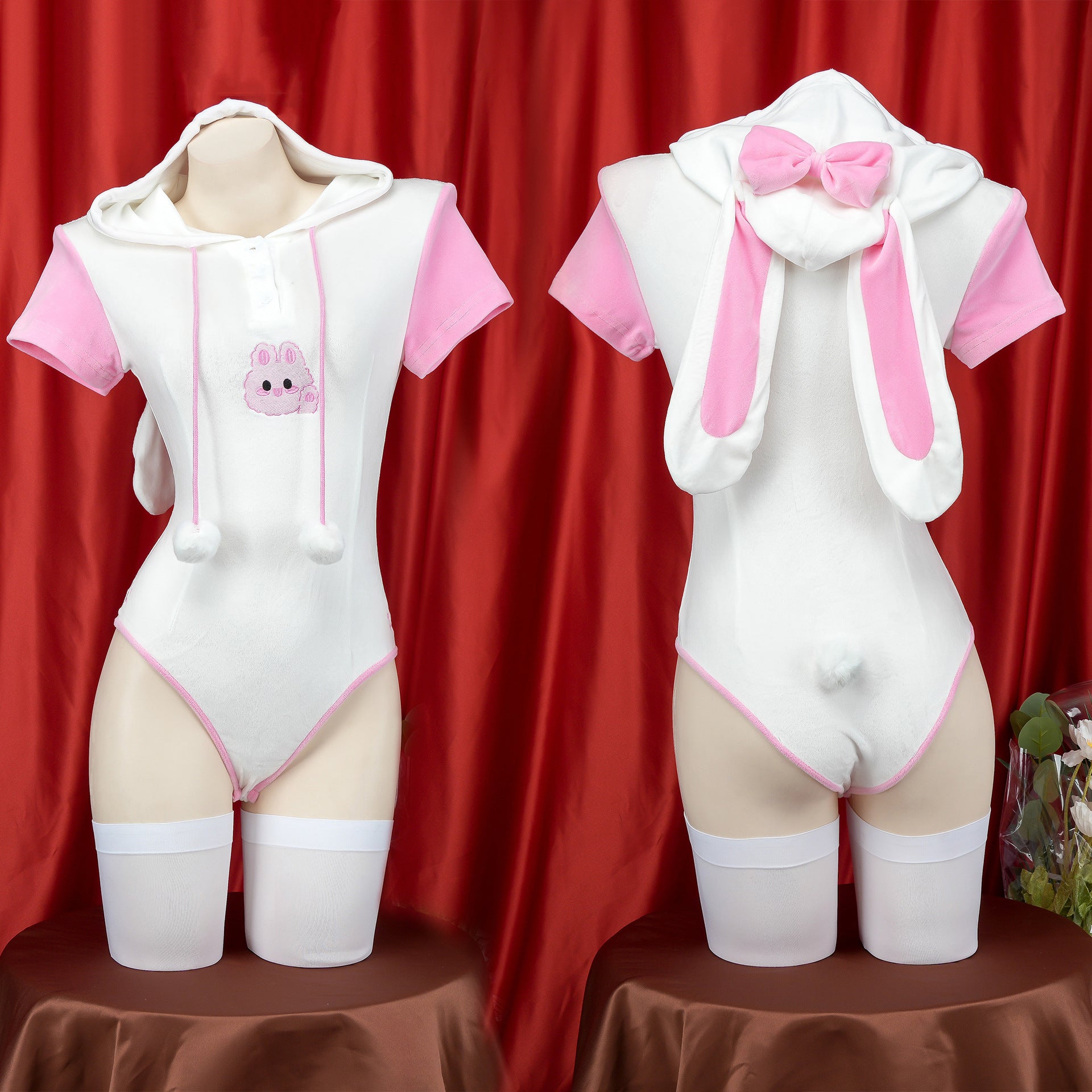 Pink and White Kawaii Bunny Bodysuit Lingerie Front And Back - Femboy Fashion