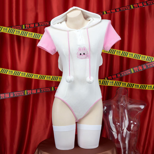 Pink and White Kawaii Bunny Bodysuit Lingerie Front - Femboy Fashion