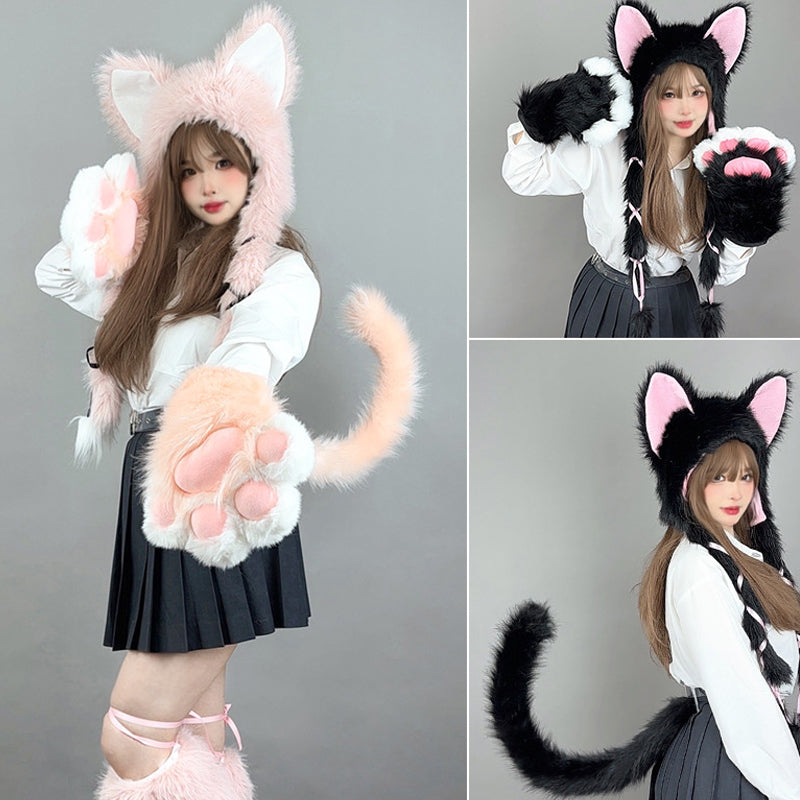 Person wearing a cat-themed costume with ears, tail, and paws on a gray background