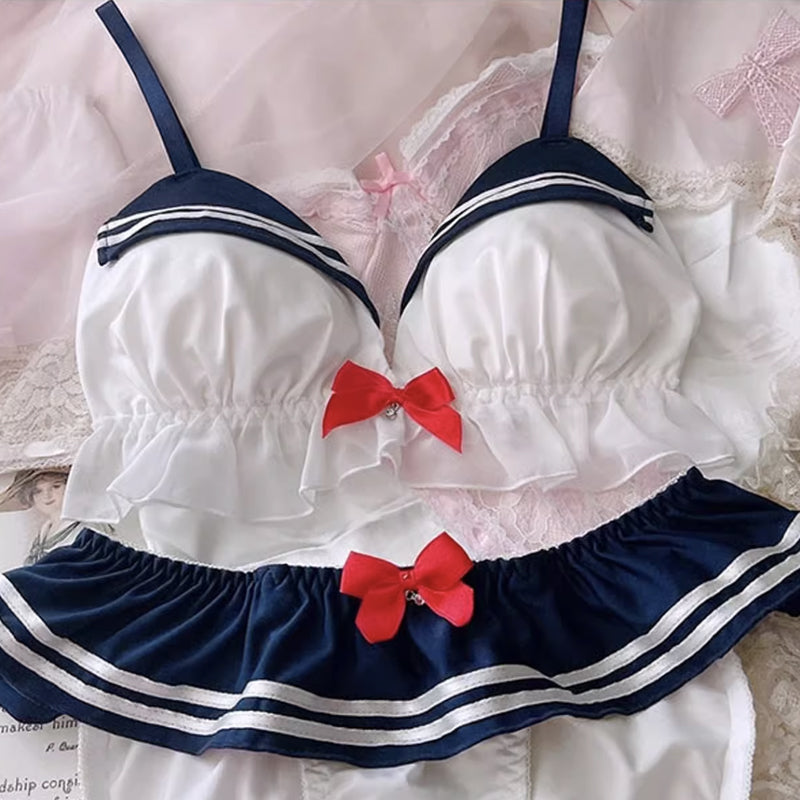 Kawaii Schoolgirl Ruffle Lingerie Set Navy Blue- Femboy Fashion