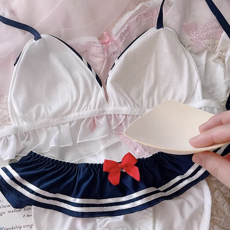 Kawaii Schoolgirl Ruffle Lingerie Set Navy Blue Detail - Femboy Fashion