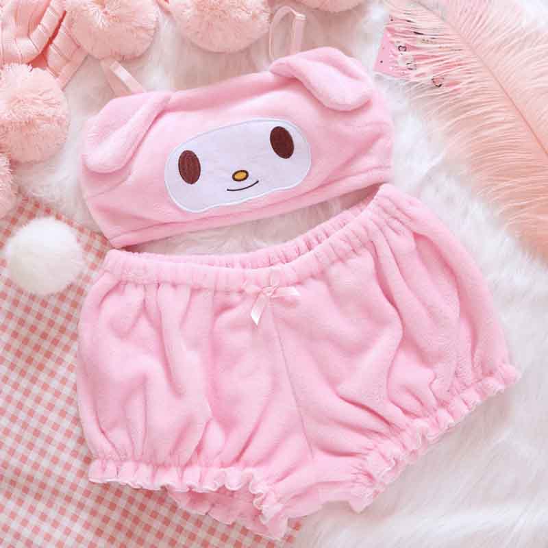 Pink Kawaii Velvet Top and Shorts Lingerie Set - Femboy Fashion