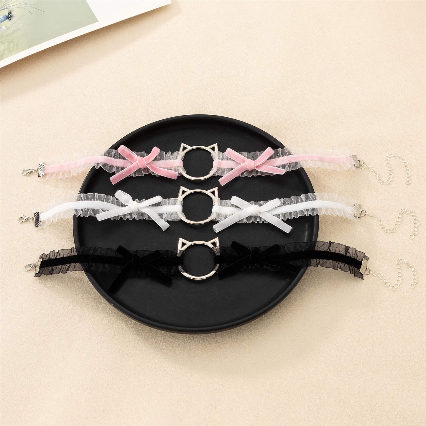 Black and Pink and White Kitty Choker With Bow - Femboy Fashion