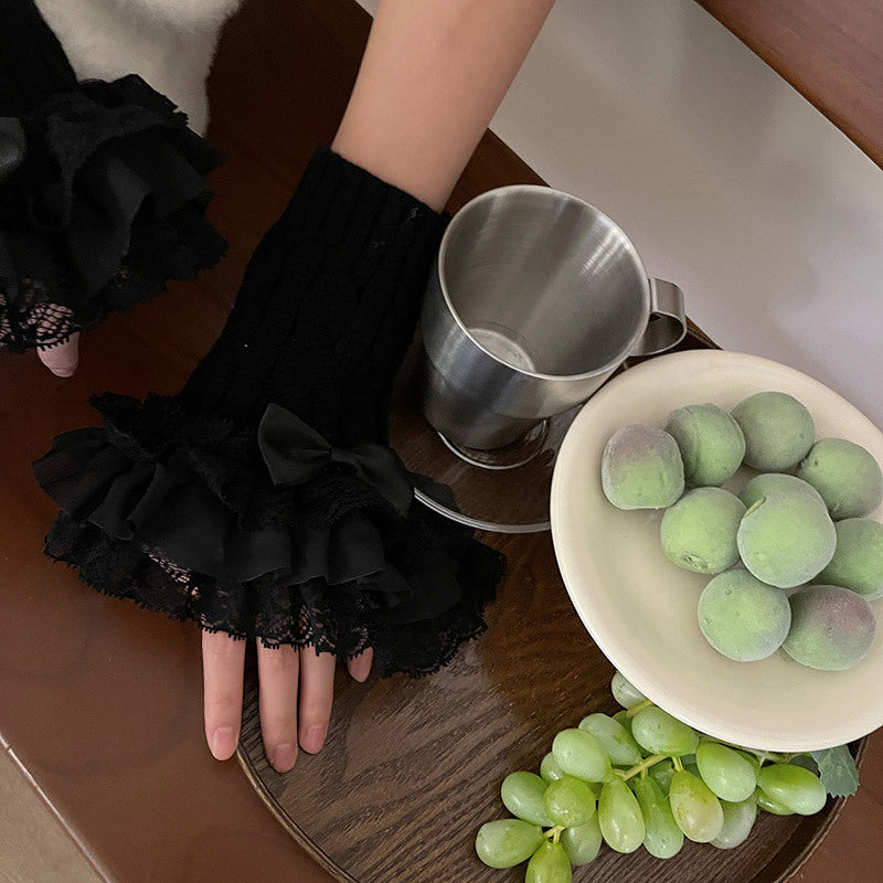 Lace Bow Knit Fingerless Gloves Black - Femboy Fashion