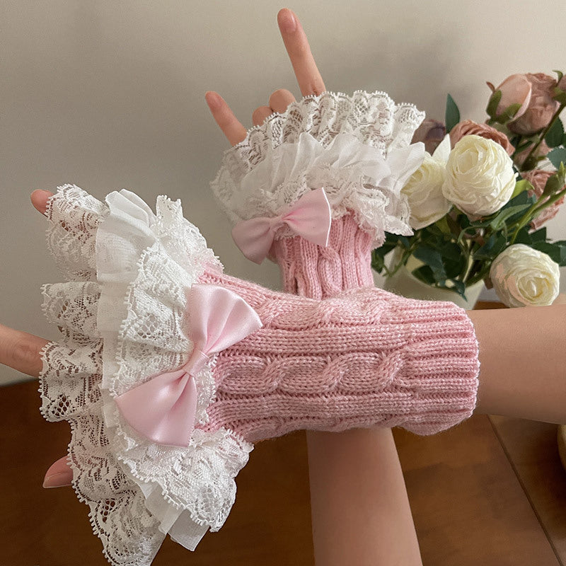 Lace Bow Knit Fingerless Gloves Pink - Femboy Fashion