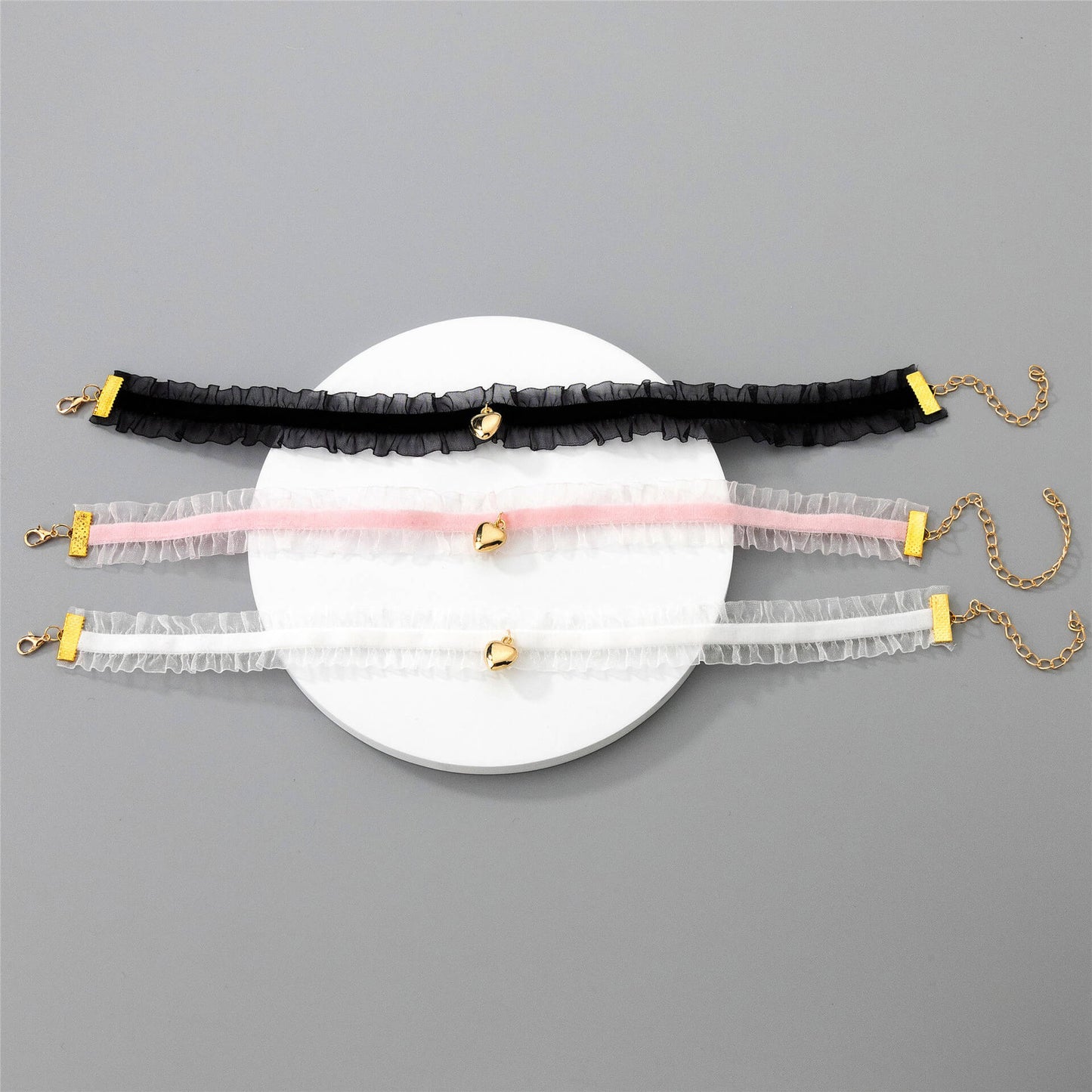 Black and White and Pink Lace Choker With Heart Bell - Femboy Fashion