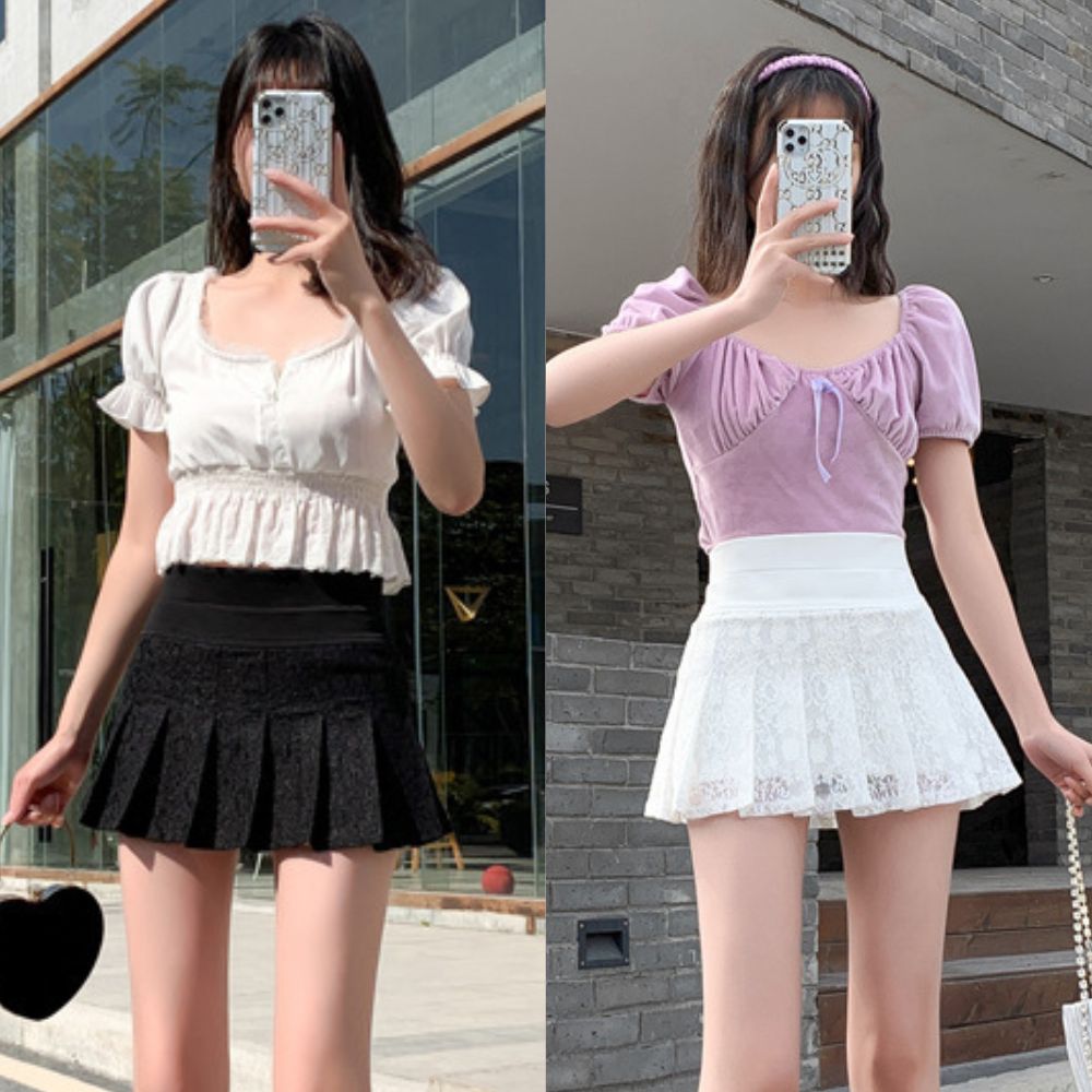 Black And White Lace Pleated Skirt
