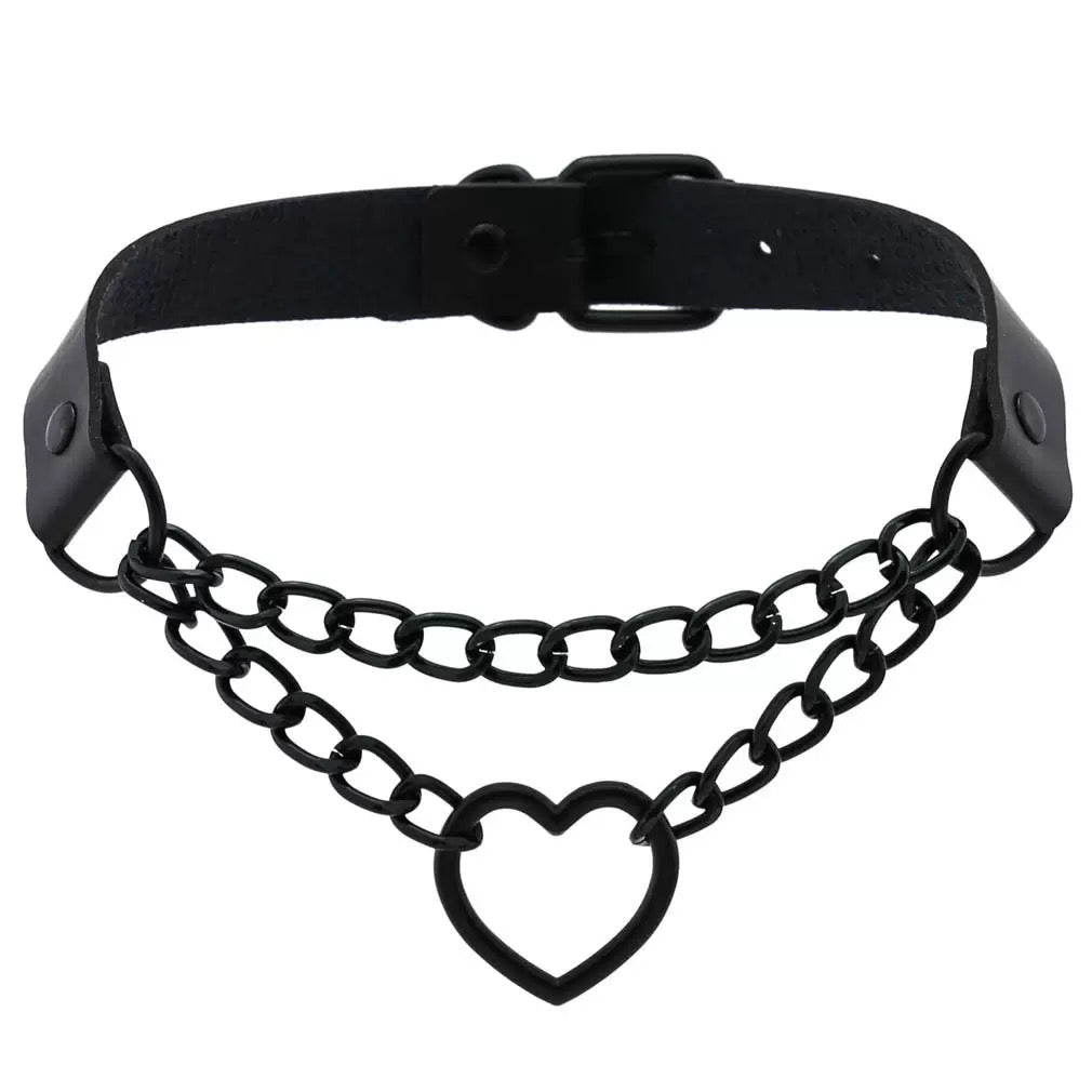Black leather choker with heart chain