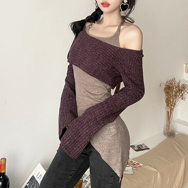 Long Sleeve Off Shoulder Top Wine Red - Femboy Fashion