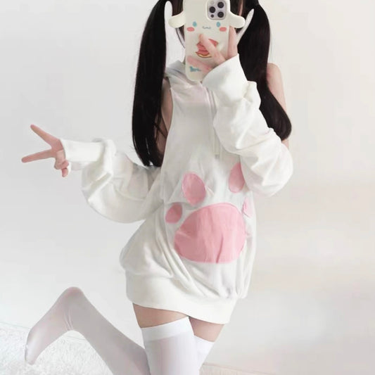 A Girl Wear A Long Sleeve White Bunny Backless Lingerie - Femboy Fashion