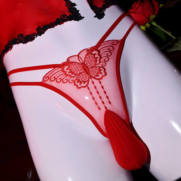 Low Rise Lace Butterfly Thong Red - Femboy Fashion