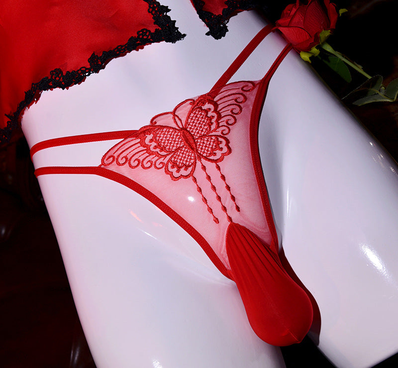Low Rise Lace Butterfly Thong Red - Femboy Fashion
