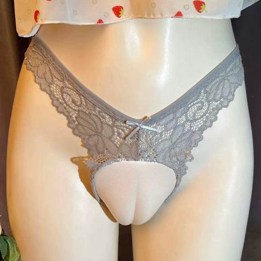 Gray Low Waist Lace Cameltoe Panties