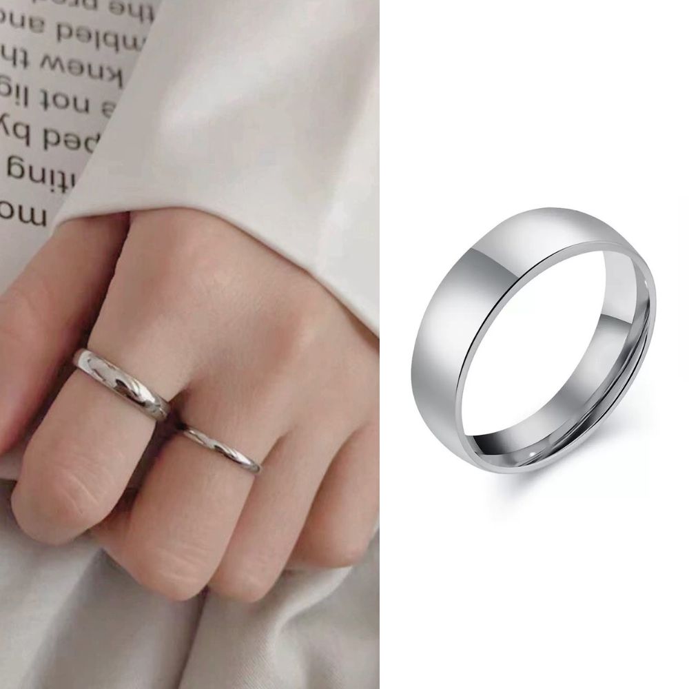 Silver ring on a finger next to a close-up of the ring on a white background