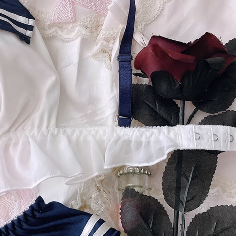 Navy Blue Kawaii Schoolgirl Ruffle Lingerie Set - Femboy Fashion