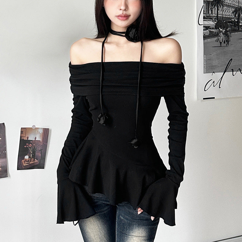 Black Off Shoulder Top With Long Sleeves - Femboy Fashion