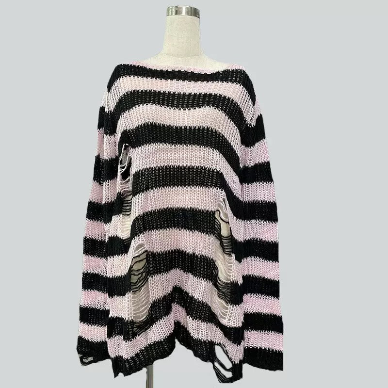 Black and pink oversized striped distressed ripped sweater