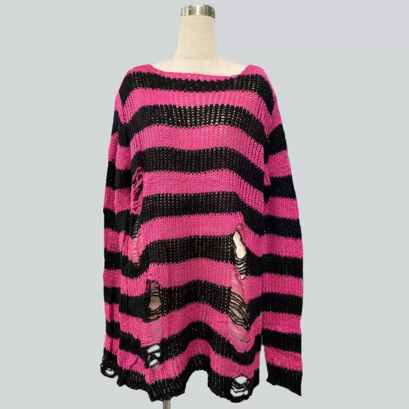 Rose and black oversized striped distressed ripped sweater