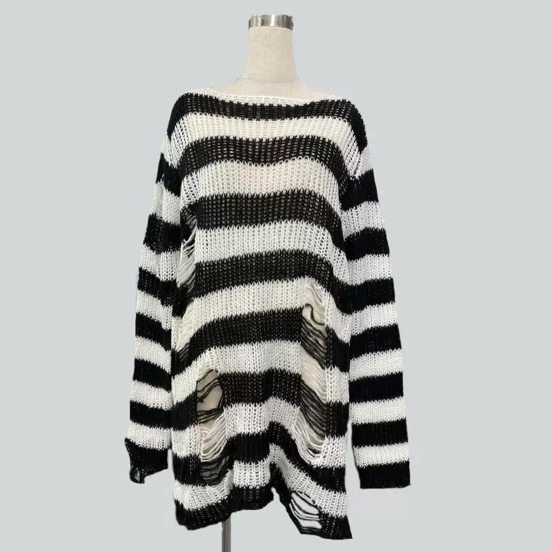 Black and white oversized striped distressed ripped sweater