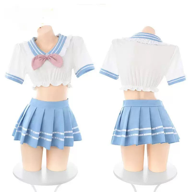 Pastel blue cute school girl lingerie set with white top and blue skirt on mannequin, front and back views.