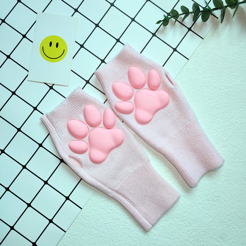 Pink 3D Cat Paw Knitted Gloves - Femboy Fashion