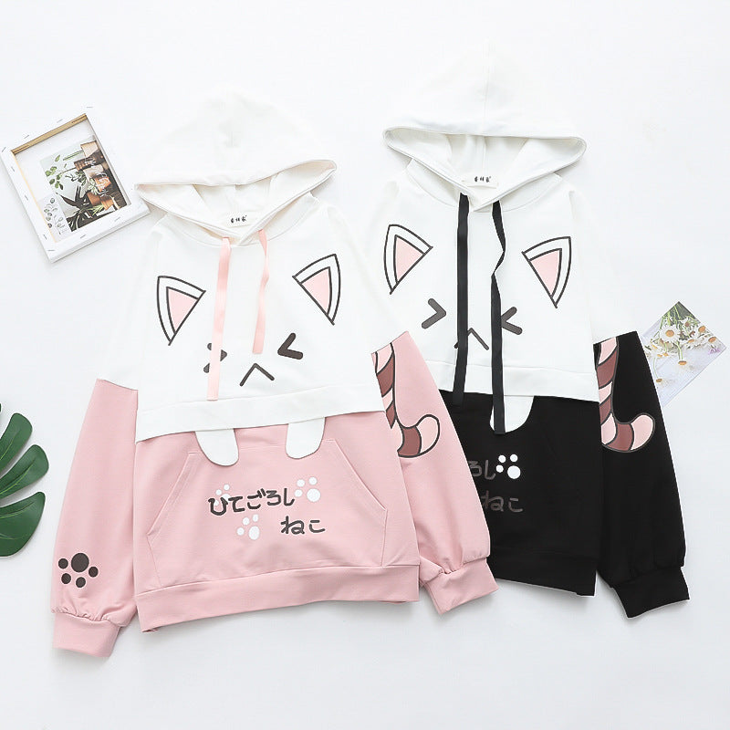 Black And Pink Cute Cat Ear Printed Hoodie - Femboy Fashion