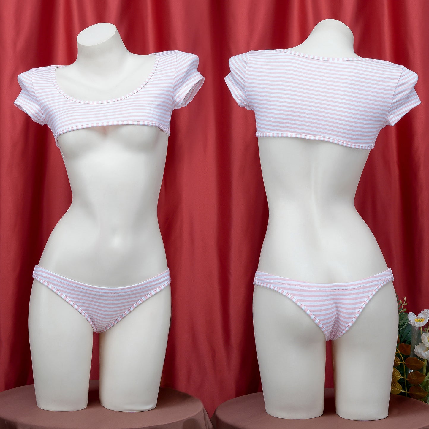 Pink and White Stripe Crop Top Lingerie Set - Femboy Fashion